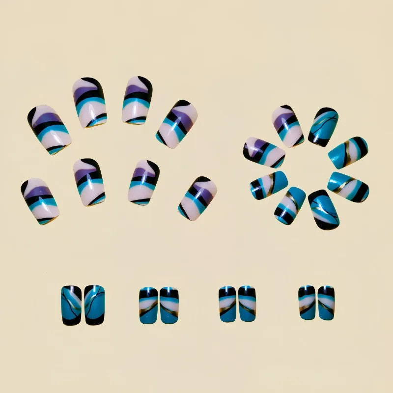 24PCS Green Striped Press on Nails Short Square Gradient Fake Nails