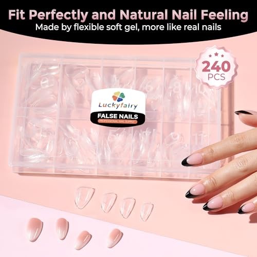 Luckyfairy Short Almond Nail Tips, 240pcs Soft Gel Fake Nails, Pre-Shaped