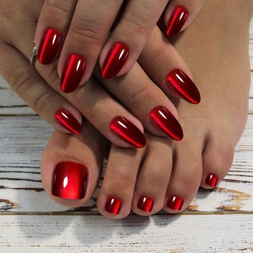 Dark Red Cat Eye Press on Nails Toenails Set, 30Pcs Short Almond Wine Burgundy