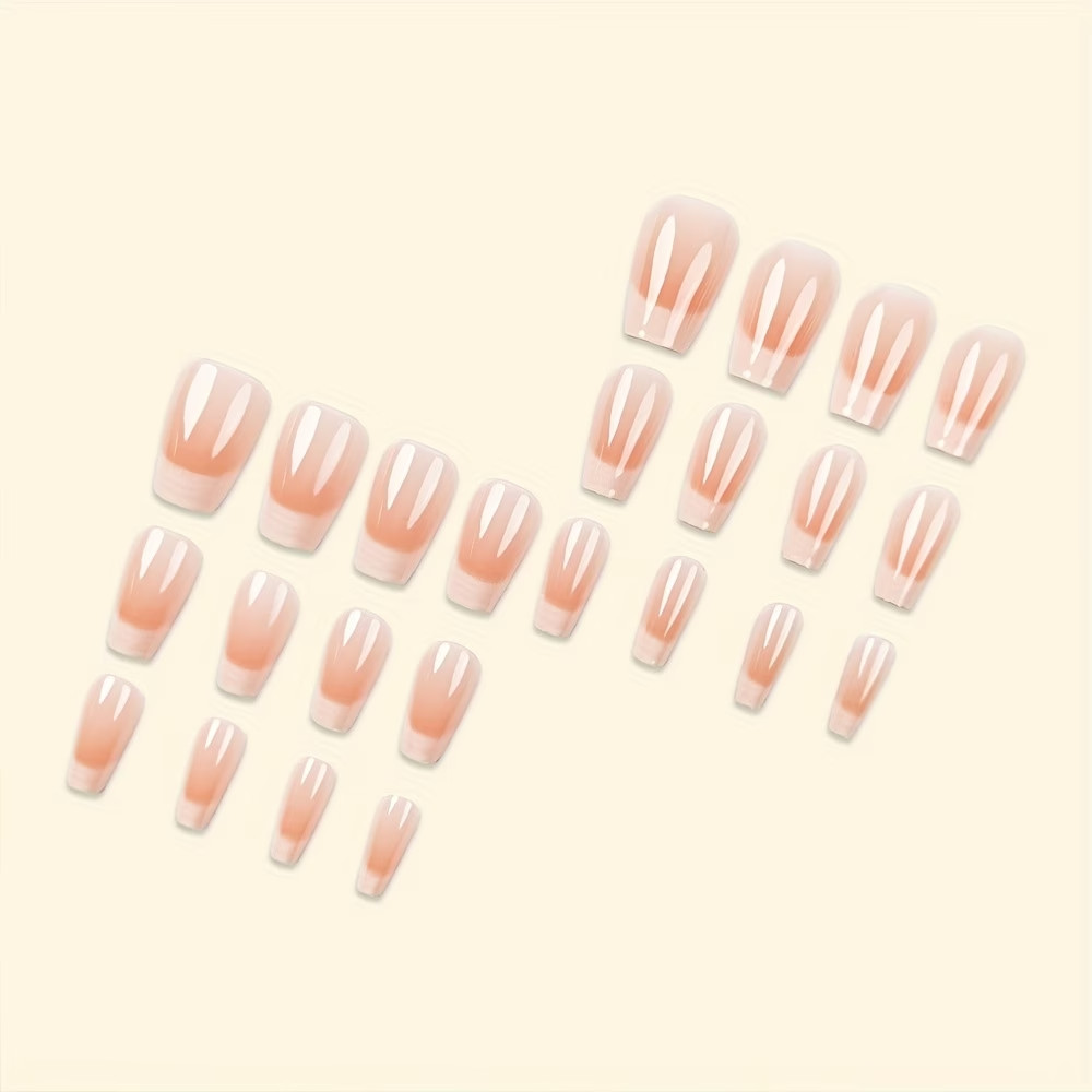 24pcs Short-T On Nails Pink Gradient French Style Fake Nails Glossy Artificial