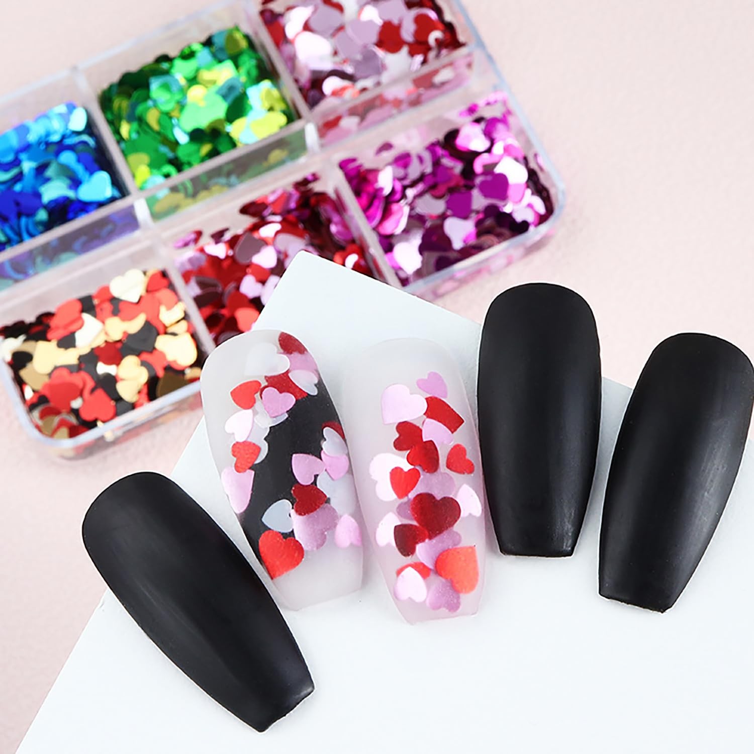 Valentine’s Day Nail Art Heart Glitter Sequins 3D Mixed Heart Nail Glitter Fl…