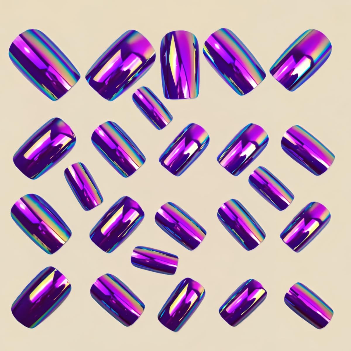 Press on Nails Medium Square Fake Nails Metallic Mirror Rose Purple Chrome