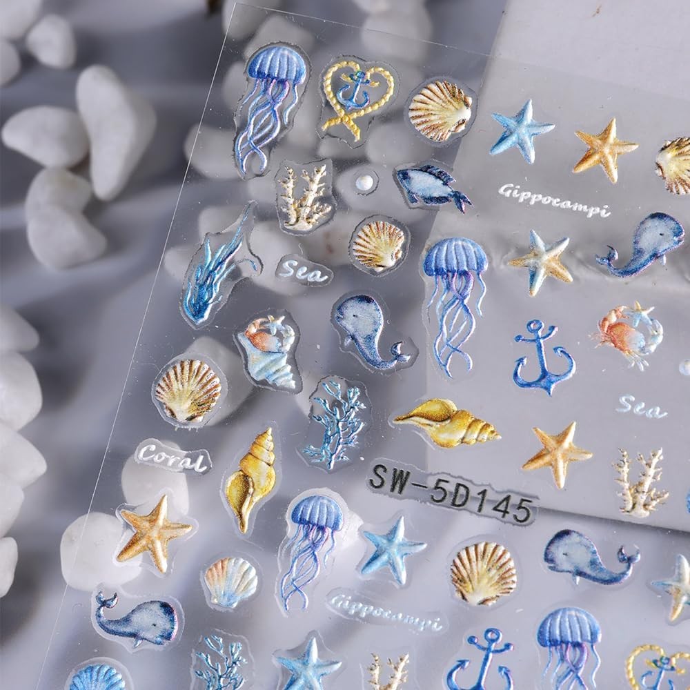 5D Embossed Ocean Nail Stickers – Summer Decals With Shell, Colorful