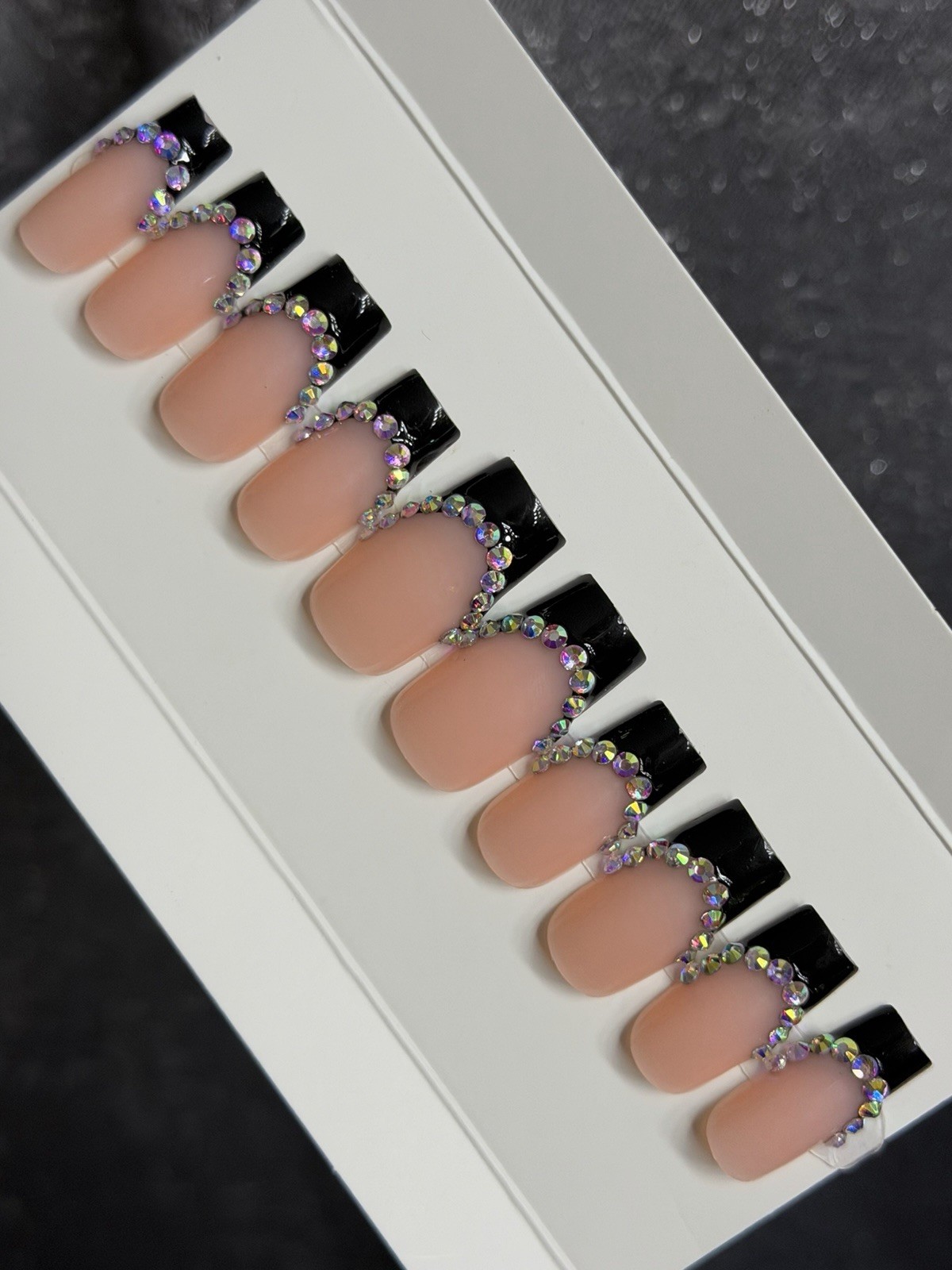 ✨ CUSTOM Press On Nails FRENCH BLACK BLING 10p SET W Kit Size M