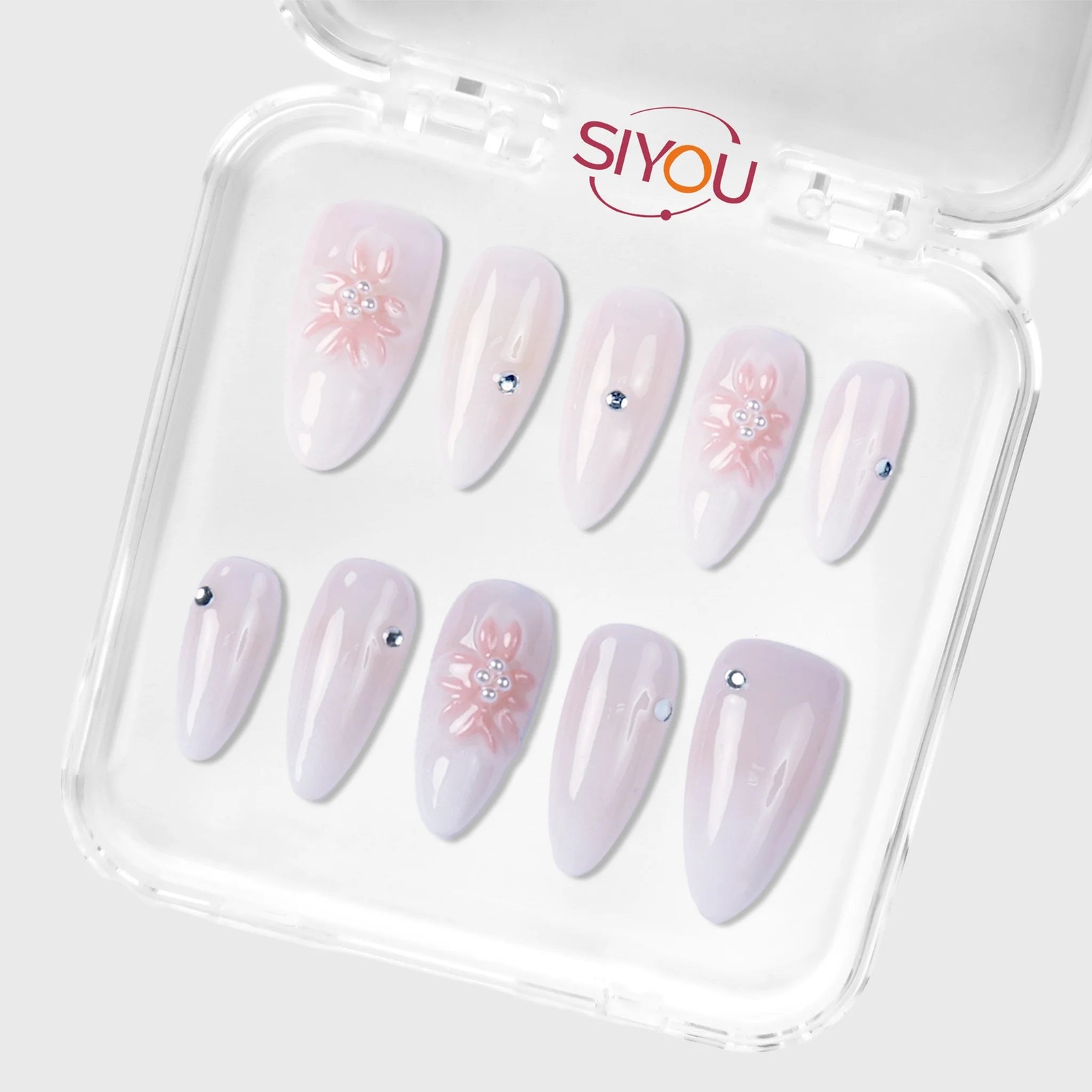 SIYOU Silk Dahlia Almond Pink, Orange & Beige Press-On Nails 10pc