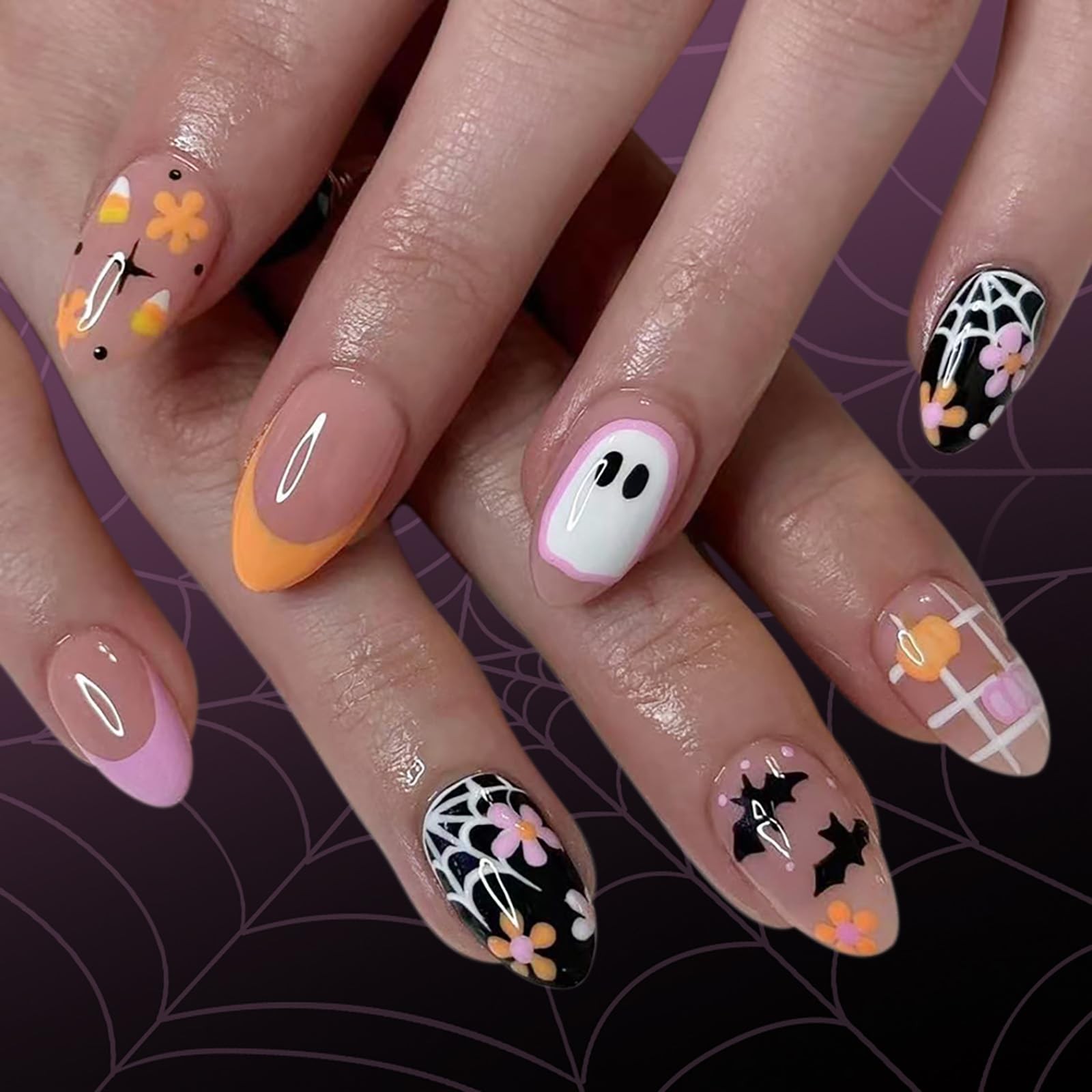Halloween Press on Nails | Short Oval Fake Nails with Ghost Flower Bat Patter…