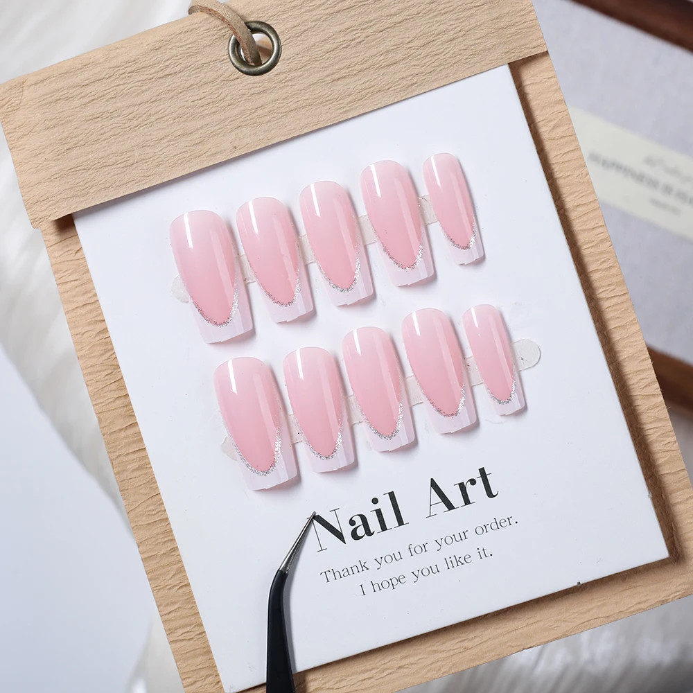 French Glitter Short Square Coffin Press on Nails Full Cover Acrylic Fake