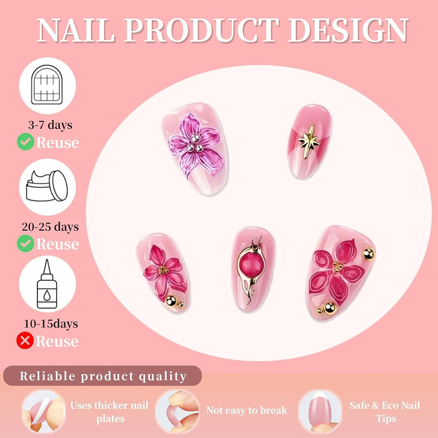 24Pcs Pink Summer Press on Nails Medium Almond Fake Nails with 3D Gold Beads Pin