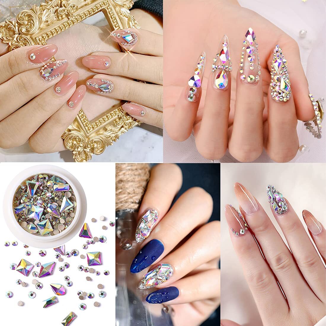 6 Boxes Green Blue Black Pink AB Red Rhinestones for Nails Flat Back Nail Cry…