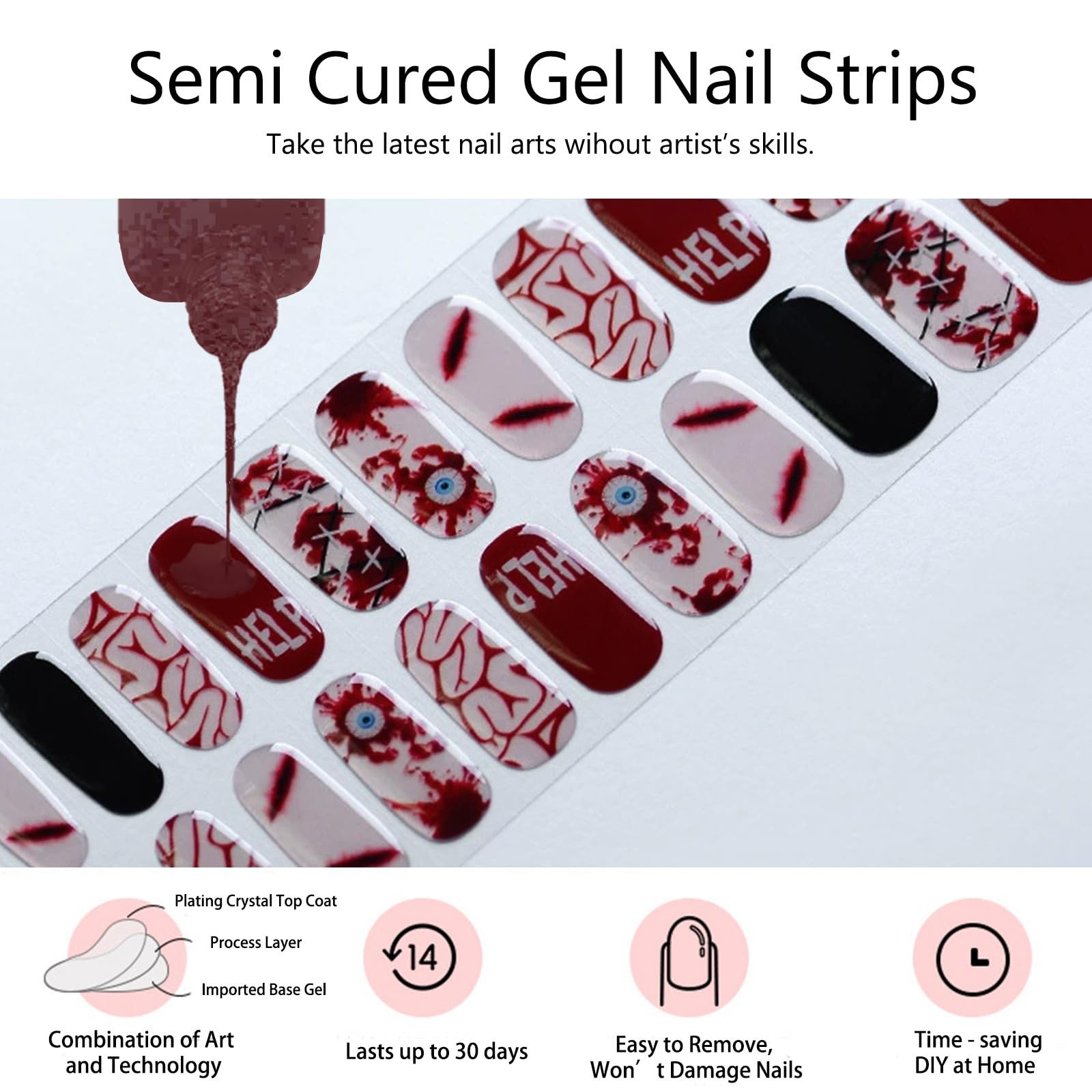 Halloween Semi Cured Nail Strips, 24 Tips Bloody Thrilling Halloween Designs …