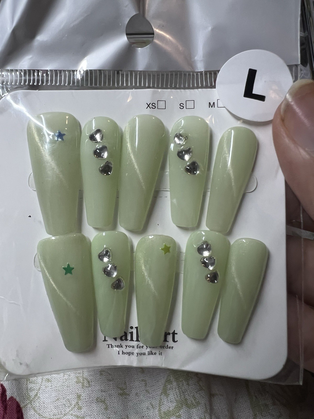 Long Coffin Press-On Nails Light Green Star Rhinestone Cats Eye Full Cover