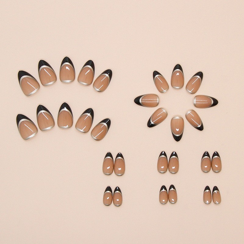 24pcs Black French V Tip Press On Nails – Nude Glossy Base with Gold Outline