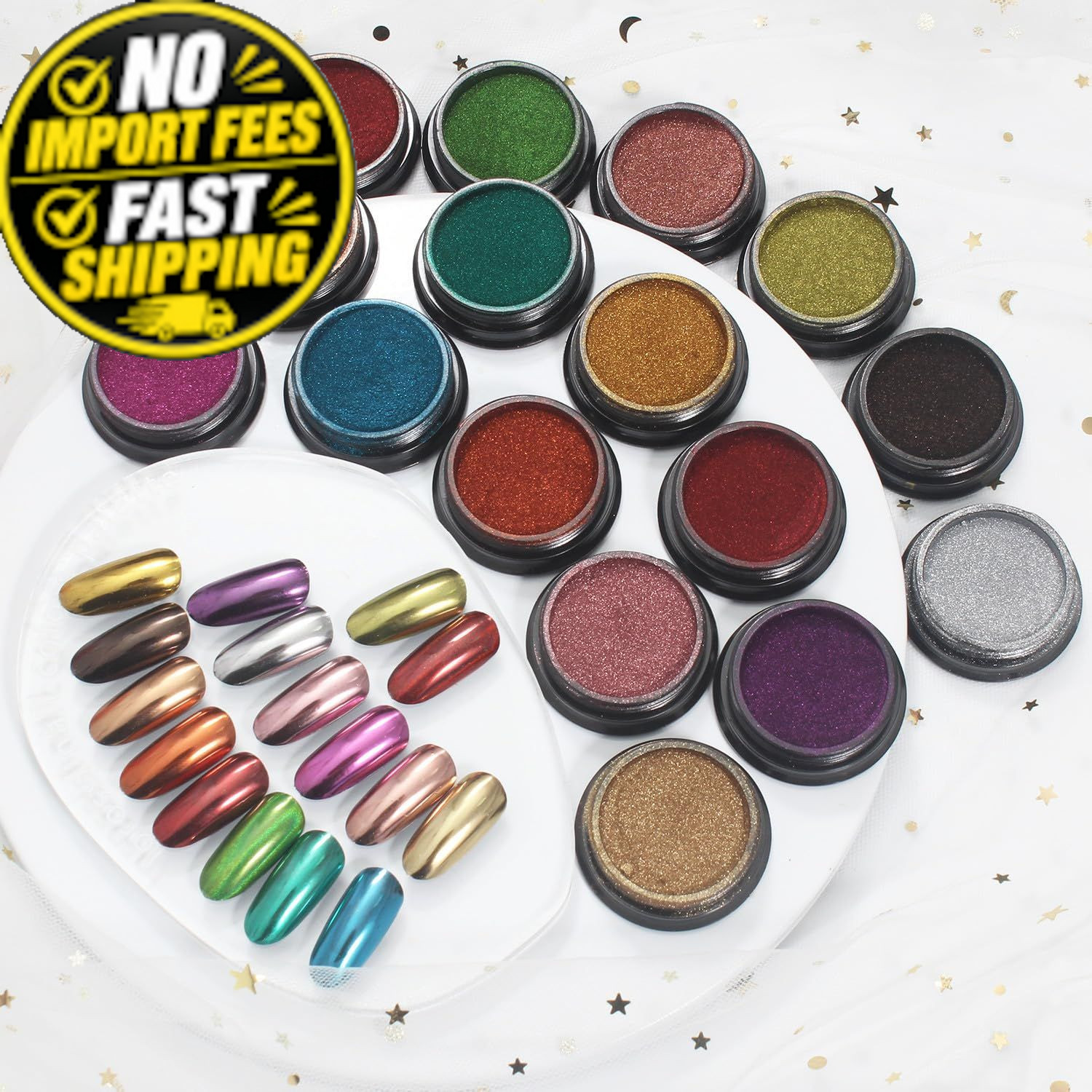 Artdone 16 Jars Chrome Nail Pearl Powder Silver and Gold 16 pcs colorful
