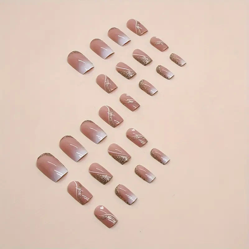 24pcs Glossy Medium Square Fake Nails, Nude White Gradient Press On Nails