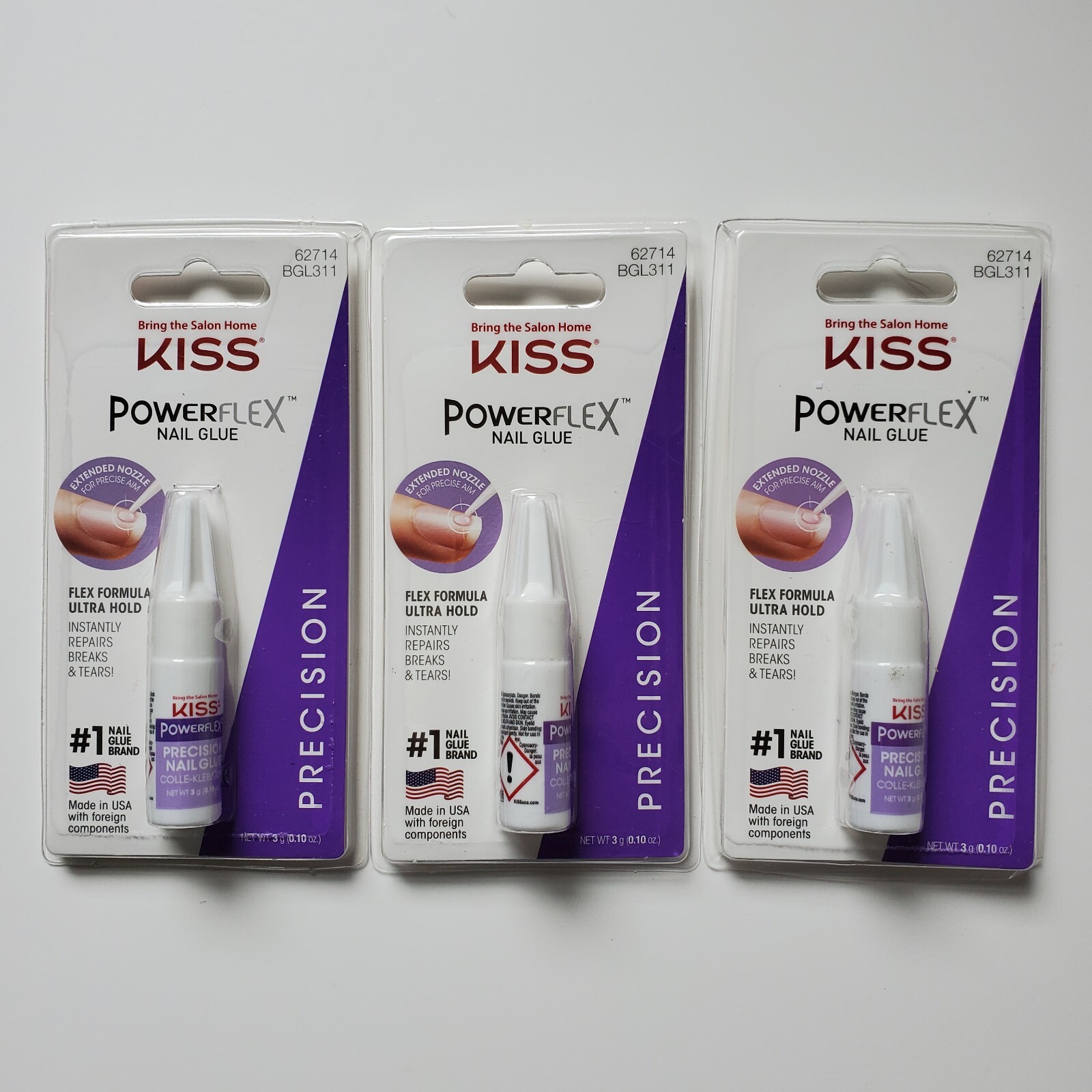 3 Kiss PowerFlex Nail Glue Precision 3 Pack Lot Ultra Hold Flex Formula 62714