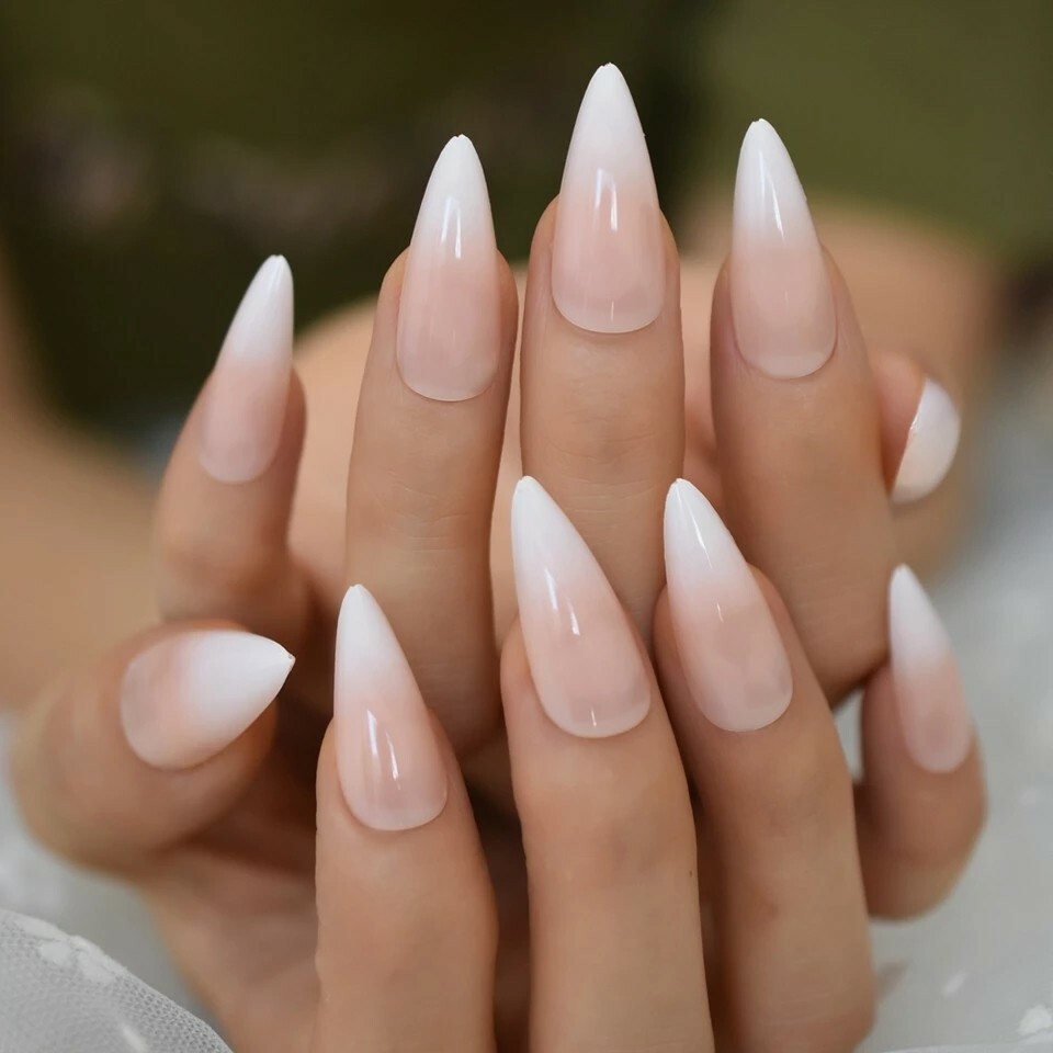 Ombre French Tip Press On Nails Stiletto White Nude Baby boomer pointed classic
