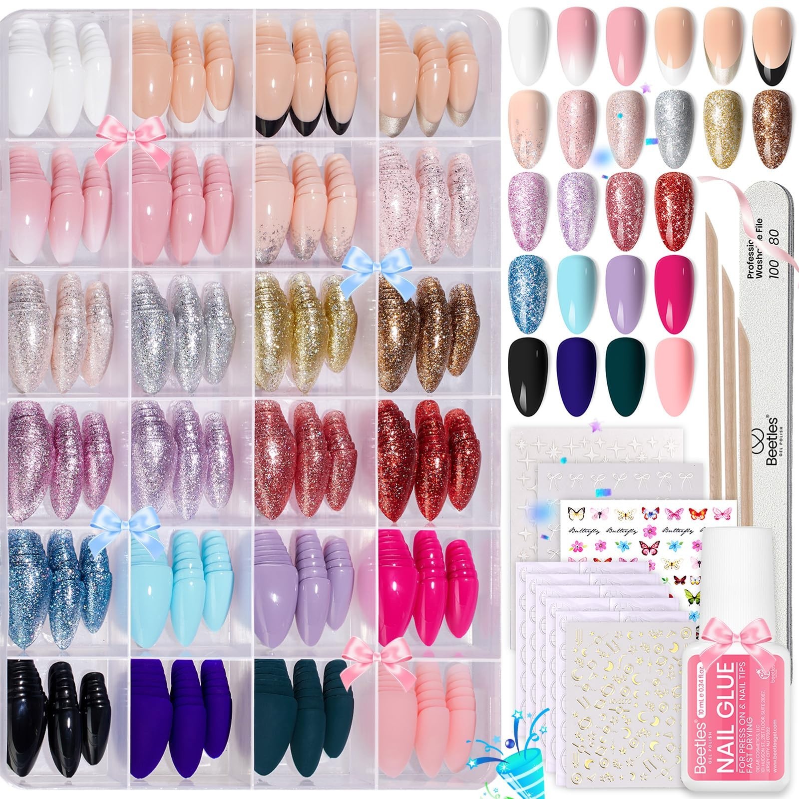 720Pcs Press on Nails Kit – 24 Colors Short Almond Glossy Matte Glitter, Nail Gl