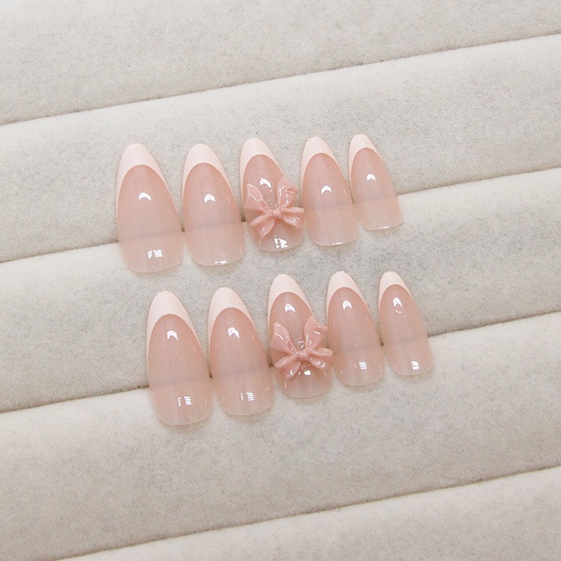48P-Nude Almond Press on Nails Pale Pink French Tip 3D Pink Bow Sweet Fake Nails