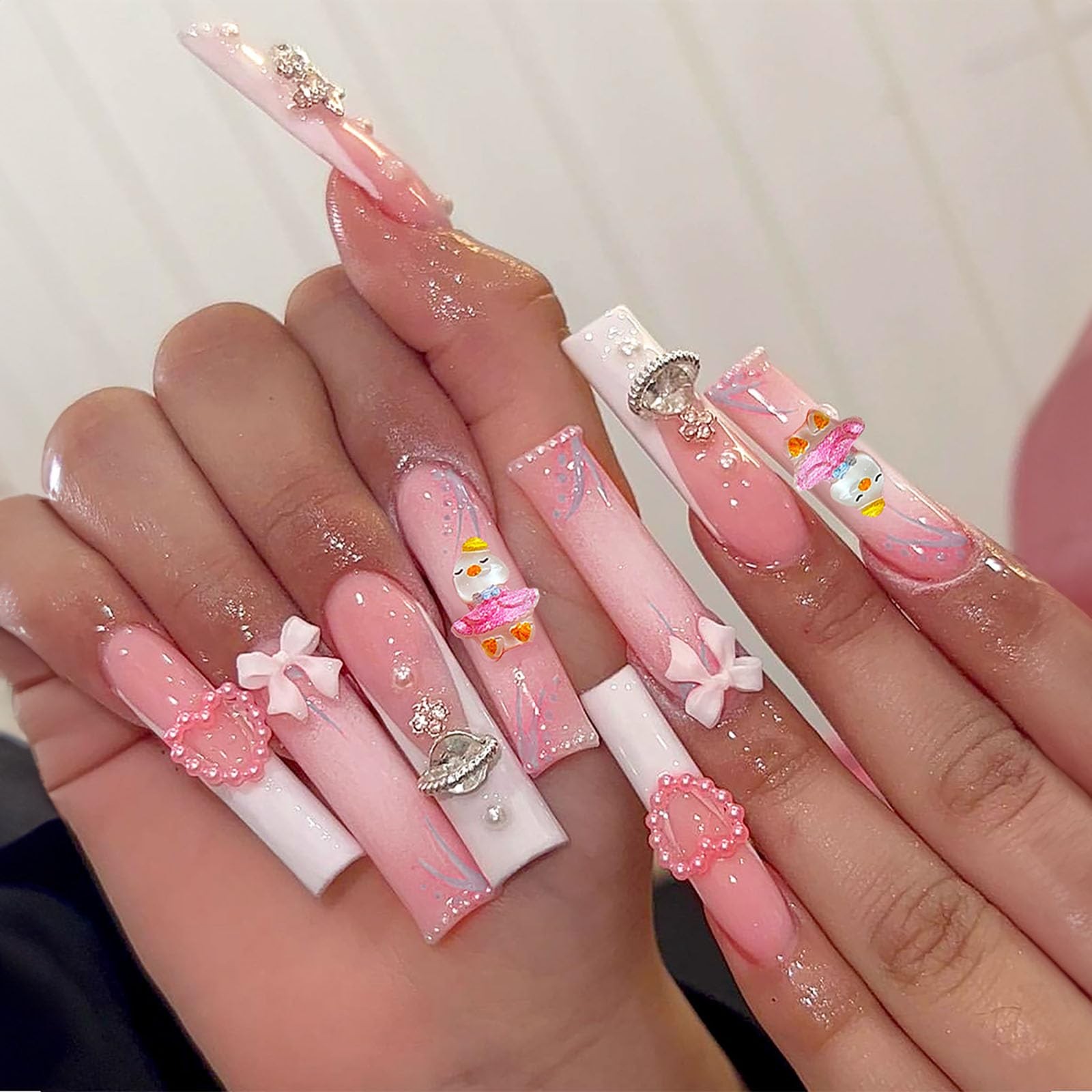 Long Square Press on Nails with Charm French Tip Fake Nails Full Cover Bow He…