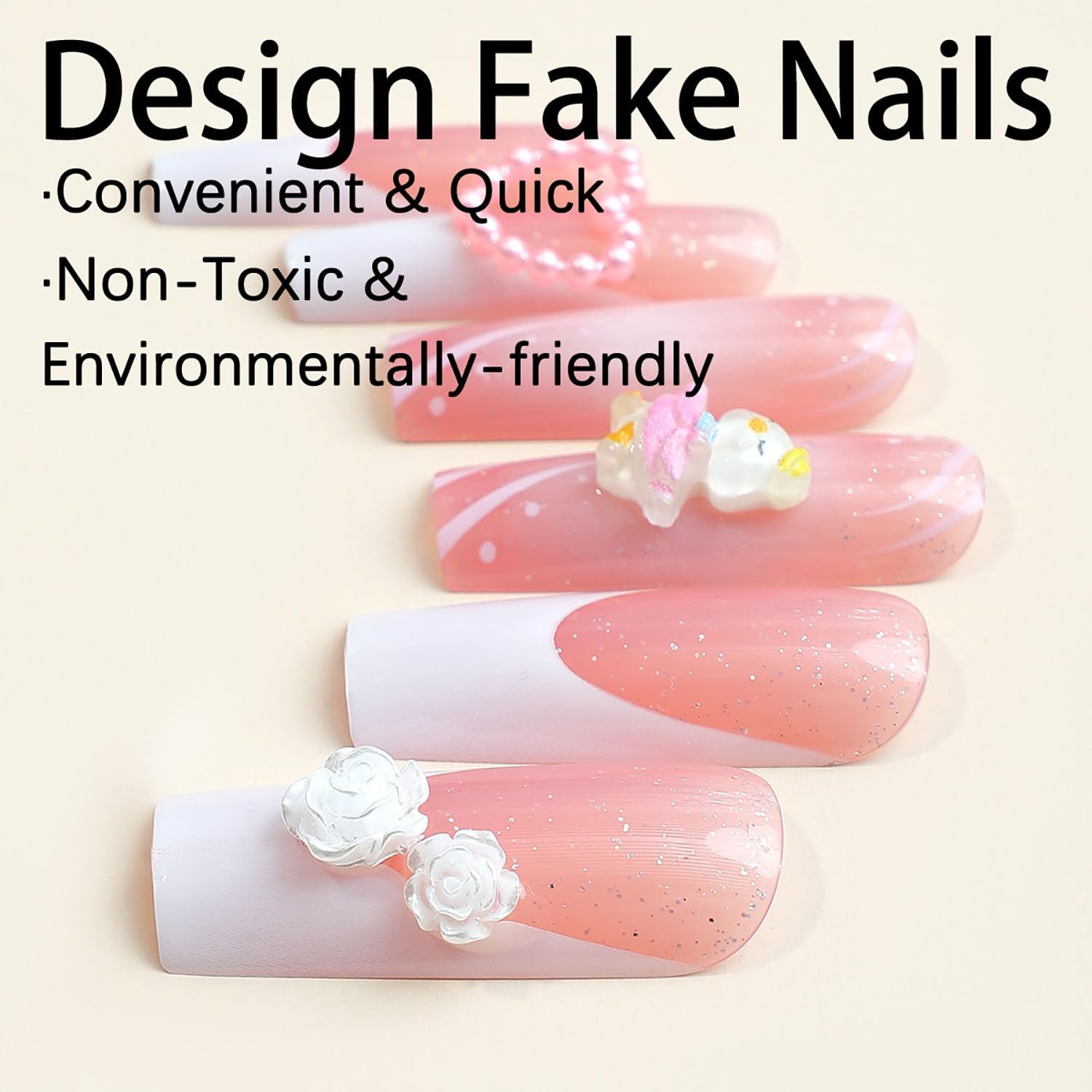 Long Square Press on Nails with Charm French Tip Fake Nails Full Cover Bow He…