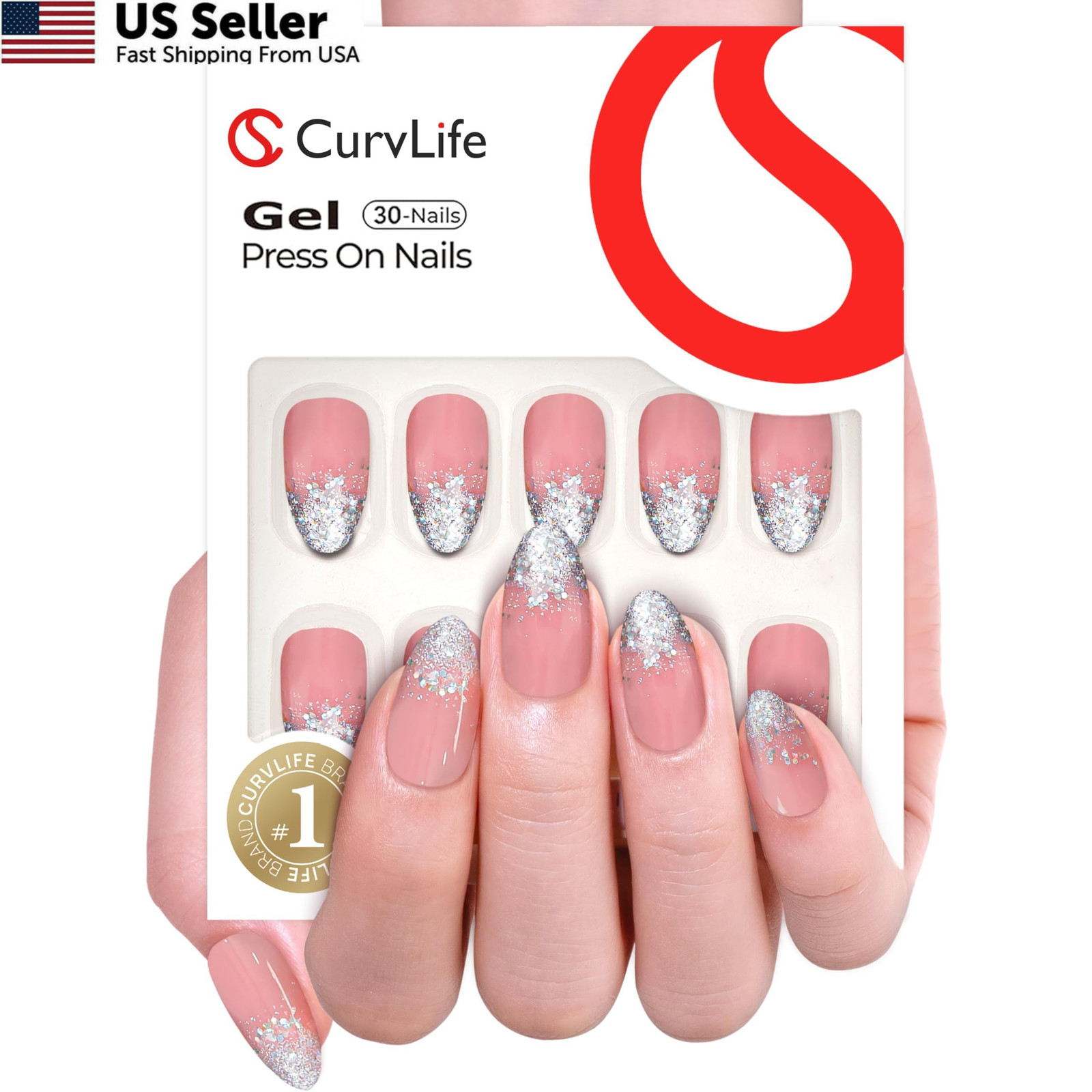 CurvLife Press On Nails Medium Almond Apricot – 30pcs Medium, glitter nails
