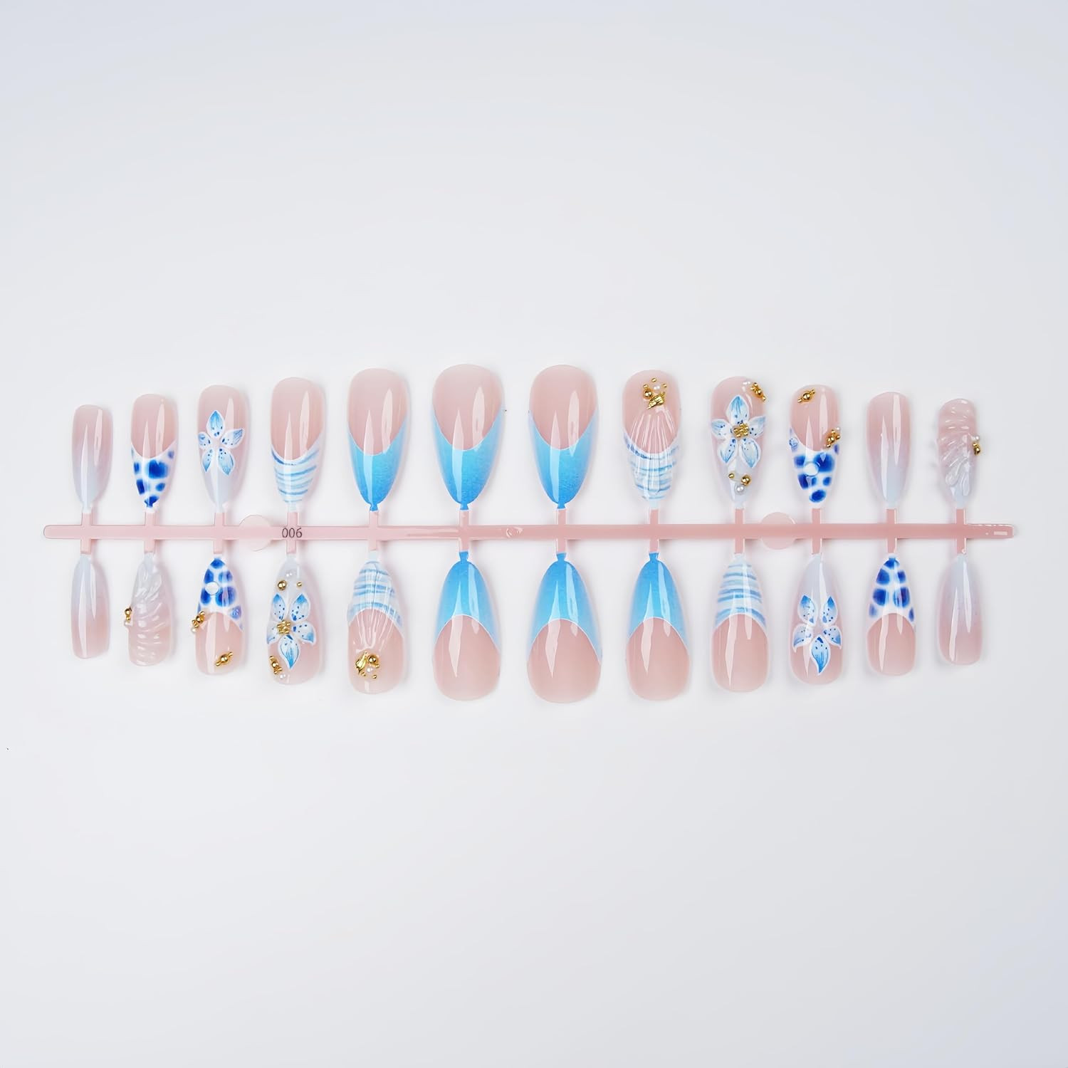 24Pcs 3D Flower Press on Nails Medium Almond Fake Nails with Gold Beads Conch Pe