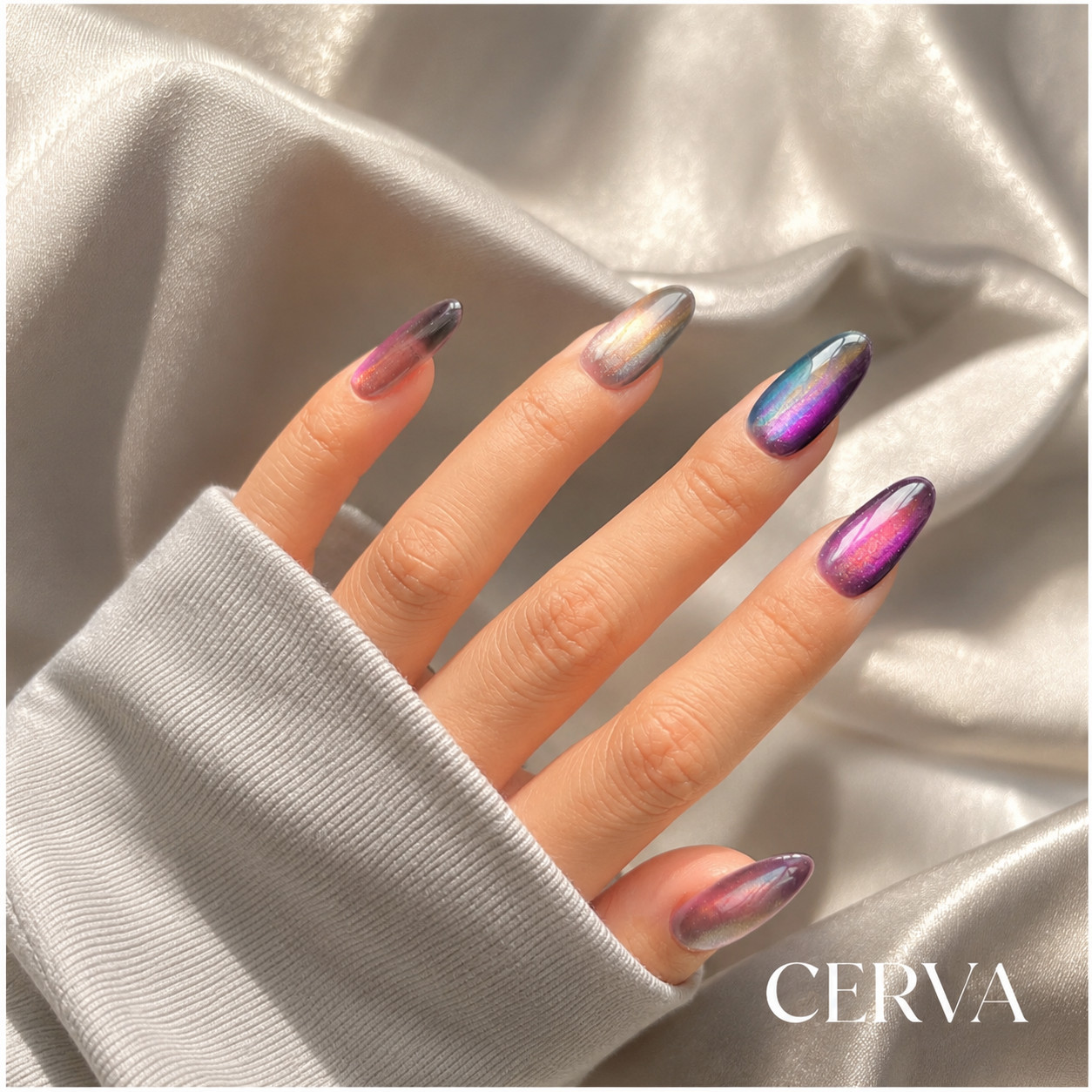 CERVA Aurora Cat Eye Press On Nails Handmade Reusable Galaxy Chrome Nails Luxury