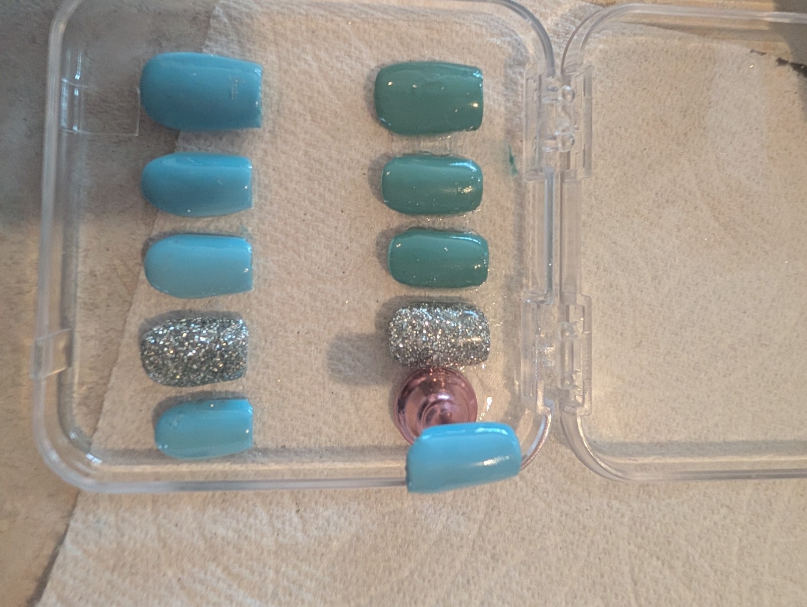 Blue Green Silver handmade Glitter Medium Square PressOn Nails Full Cover Square