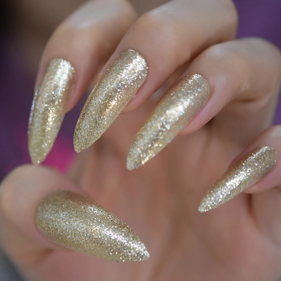 24 Press on Nails kit w Glue extra long stiletto Gold Glitter pointed catty