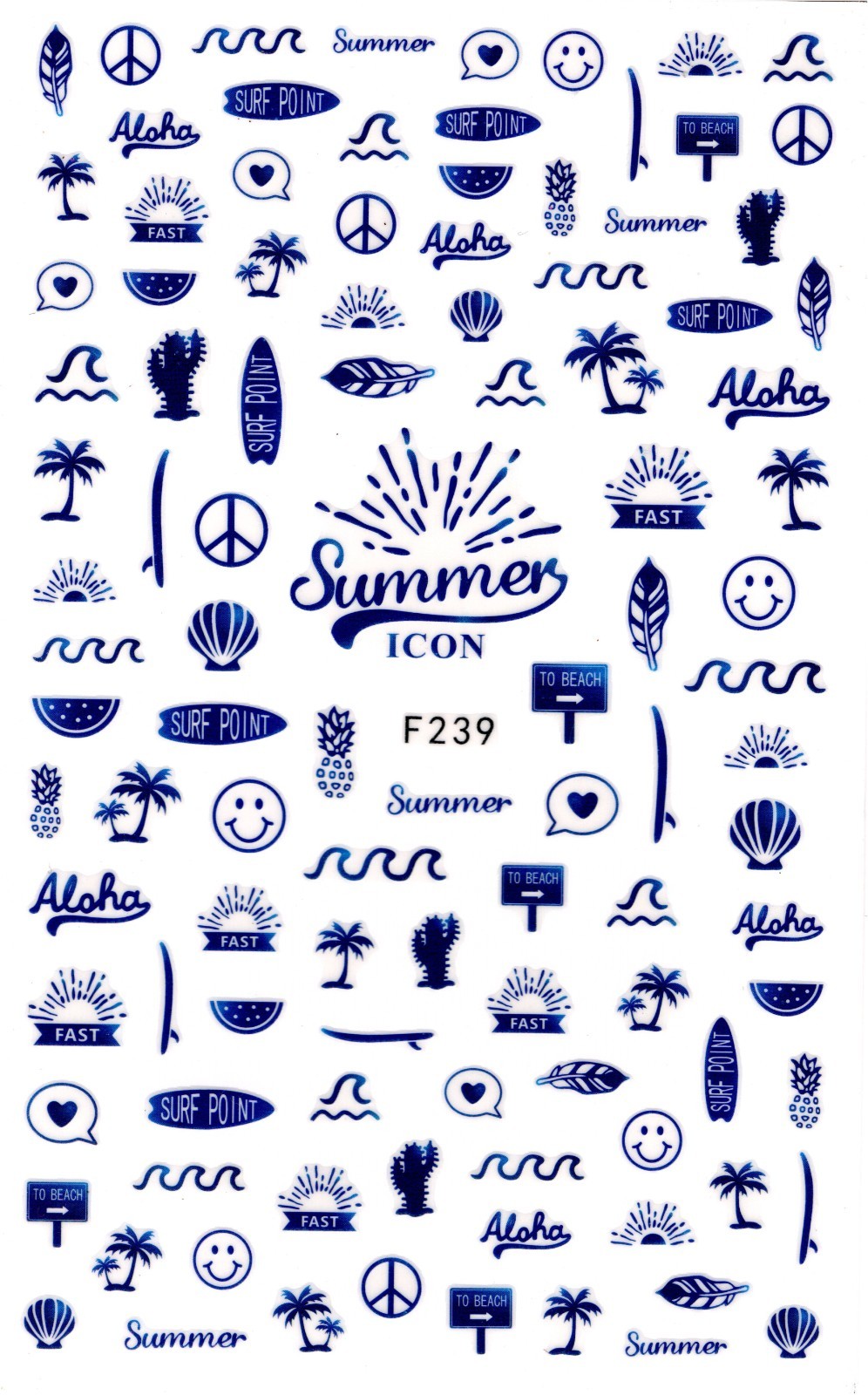 Nail Art 3D Decal Stickers Summer waves palm trees pineapple cactus sunset F239