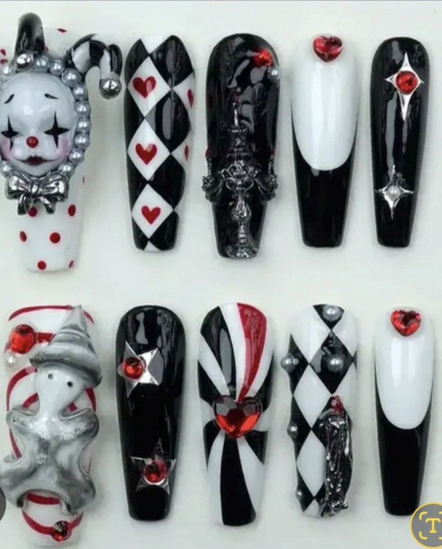 Size Large 10 pc. Harlequin Haunt 3D Press on nails red black white