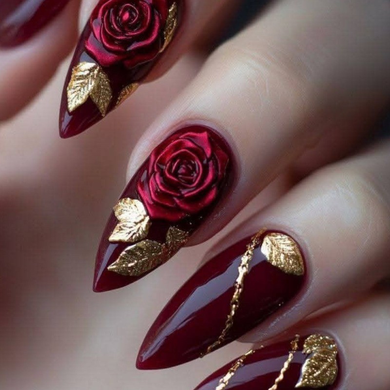48 Pieces of Valentine’s Day Retro Red Rose Gold Leaf Detachable Nail Art