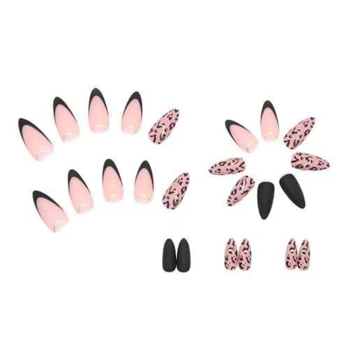 Black French Tip Press on nails Nude Fake Nails Medium Almond False Nails mh05