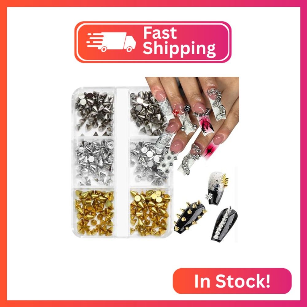YAEISM 6Grid Metal Rivet Punk Nail Charms 3 Color Cone Metalic Spike Studs Acryl