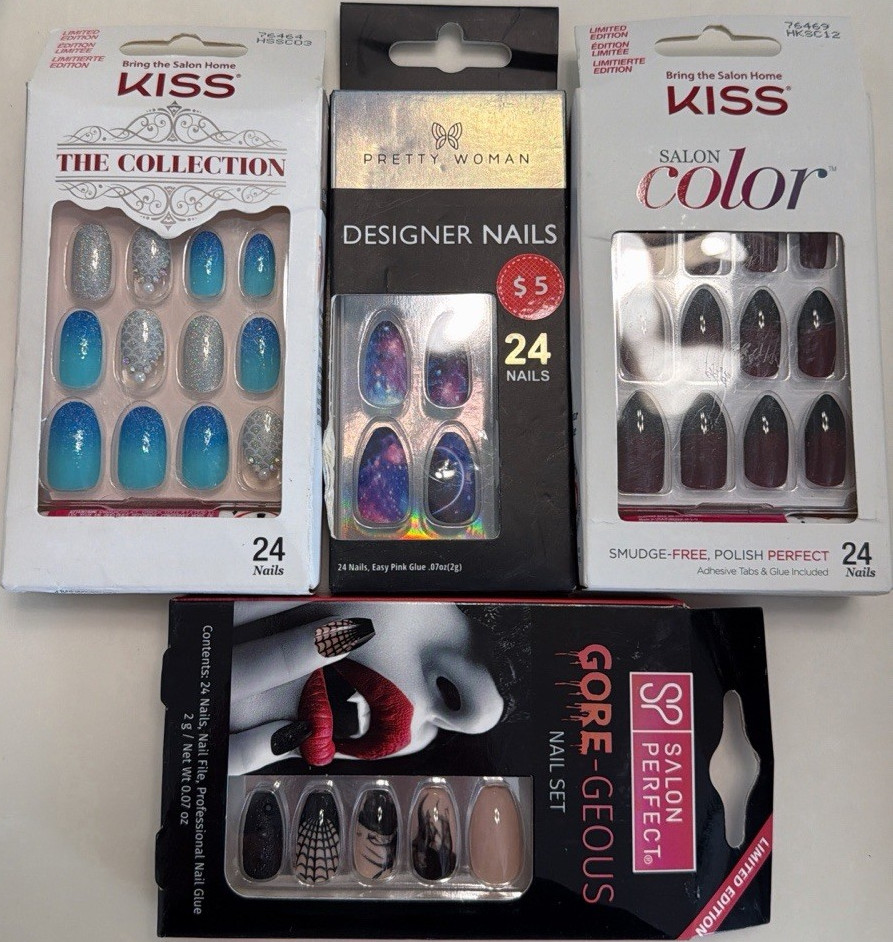 Press-On Nails Multicolor Shiny Glue Included 24 Count Assorted Colors SET OF 4