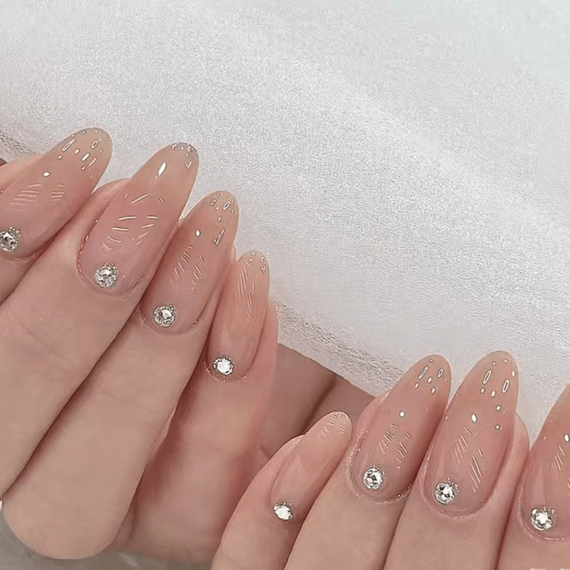 48pcs Almond Press on Nails, Nude Clear Glitter Single Rhinestone Plain Nails