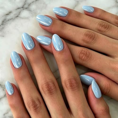 Pastel Blue Chrome Press On Nails – Shiny Extra Short – Almond Baby Blue