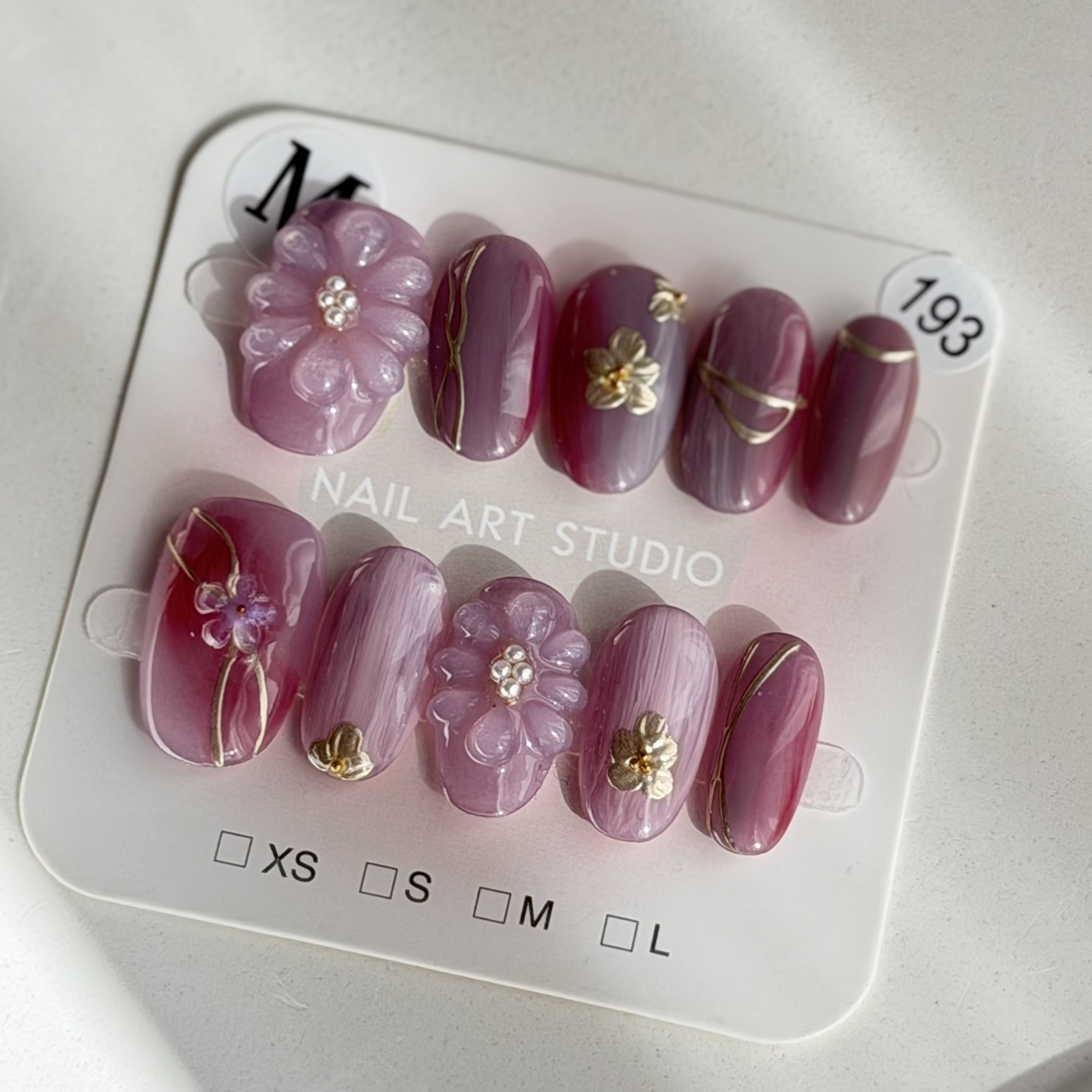 Handmade Pink 3D Flower AB Press-On Nails Short Oval Size M Reusable False Nail