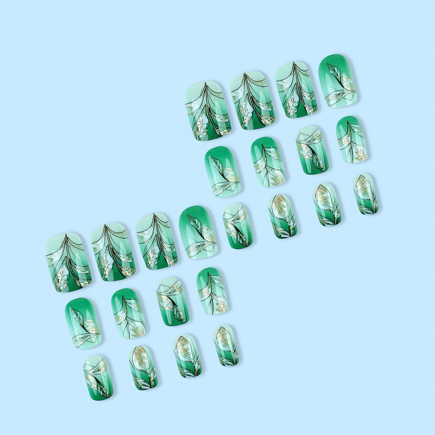 Green Flower Press on Nails Short Square Fake Nails Gradient Green Glue on Na…