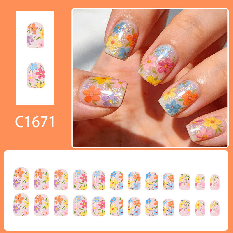 48P Short Square Press on Nails, Clear Glitter Colorful Floral Spring Fake Nails