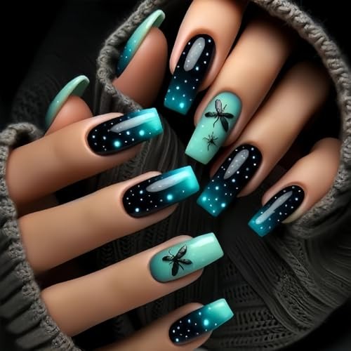 24 Pcs Ombre Dark Green Press on Nails Medium Square – Fake Nails Design V5