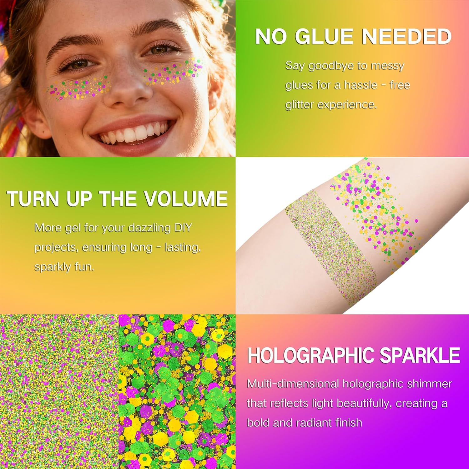 4 Jars Mardigras Face Glitter,Purple Green Gold Body Hair Glitter,Self-Adhesive