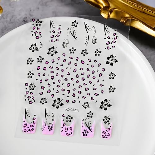 Leopard Print Nail Stickers Bow Decals for Nail Art Black Flower Nail Nial-5