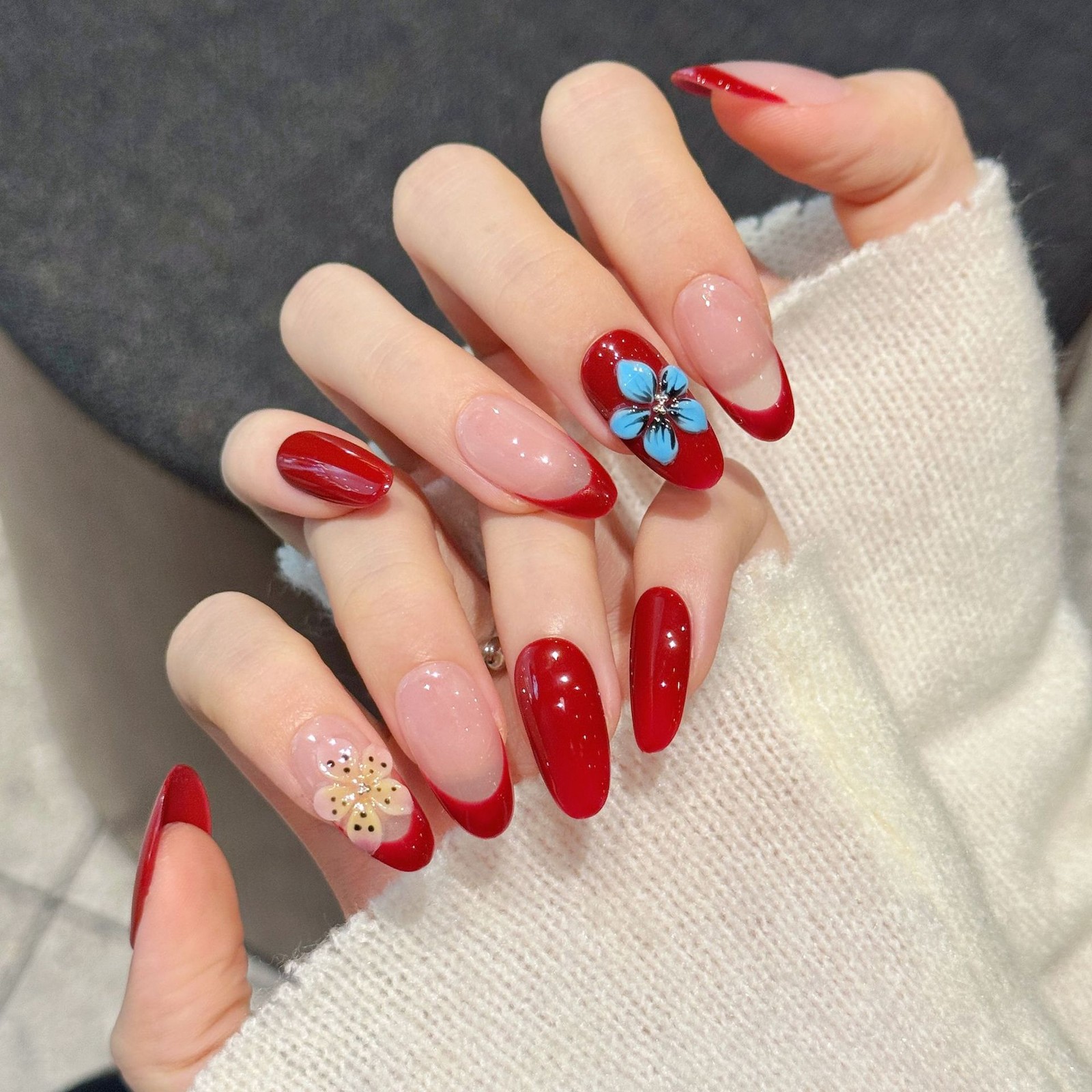 10Pcs Red French 3D Carved Medium Almond Press On Nails Chinese Style Nails