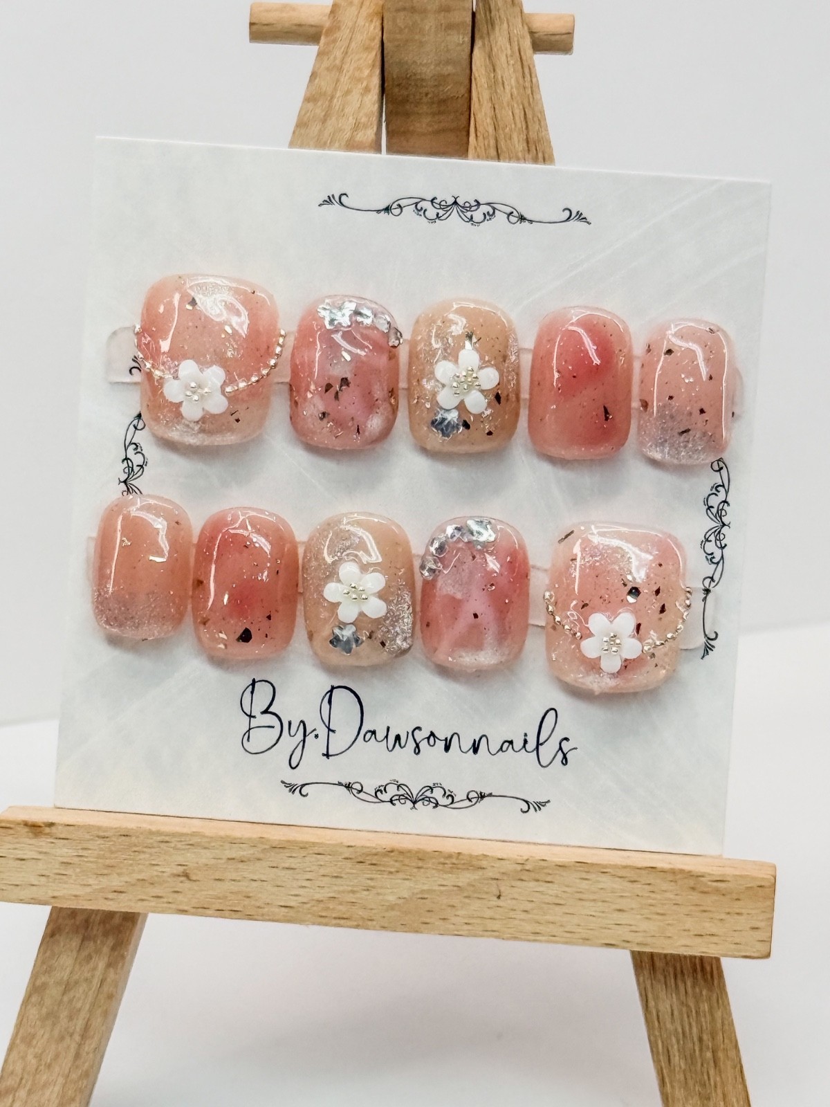 by.Dawson Press on Nails 3D Gel nails floral short square glitter colors sz M