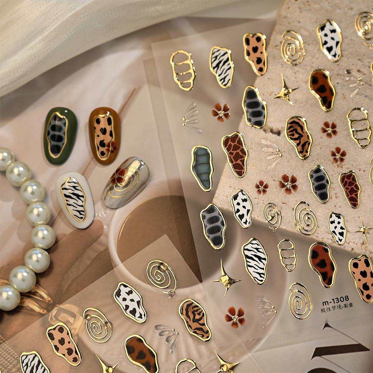 Leopard Print Nail Art Stickers 5D Embossed Retro Gold Nail Decals Self-Adhesive