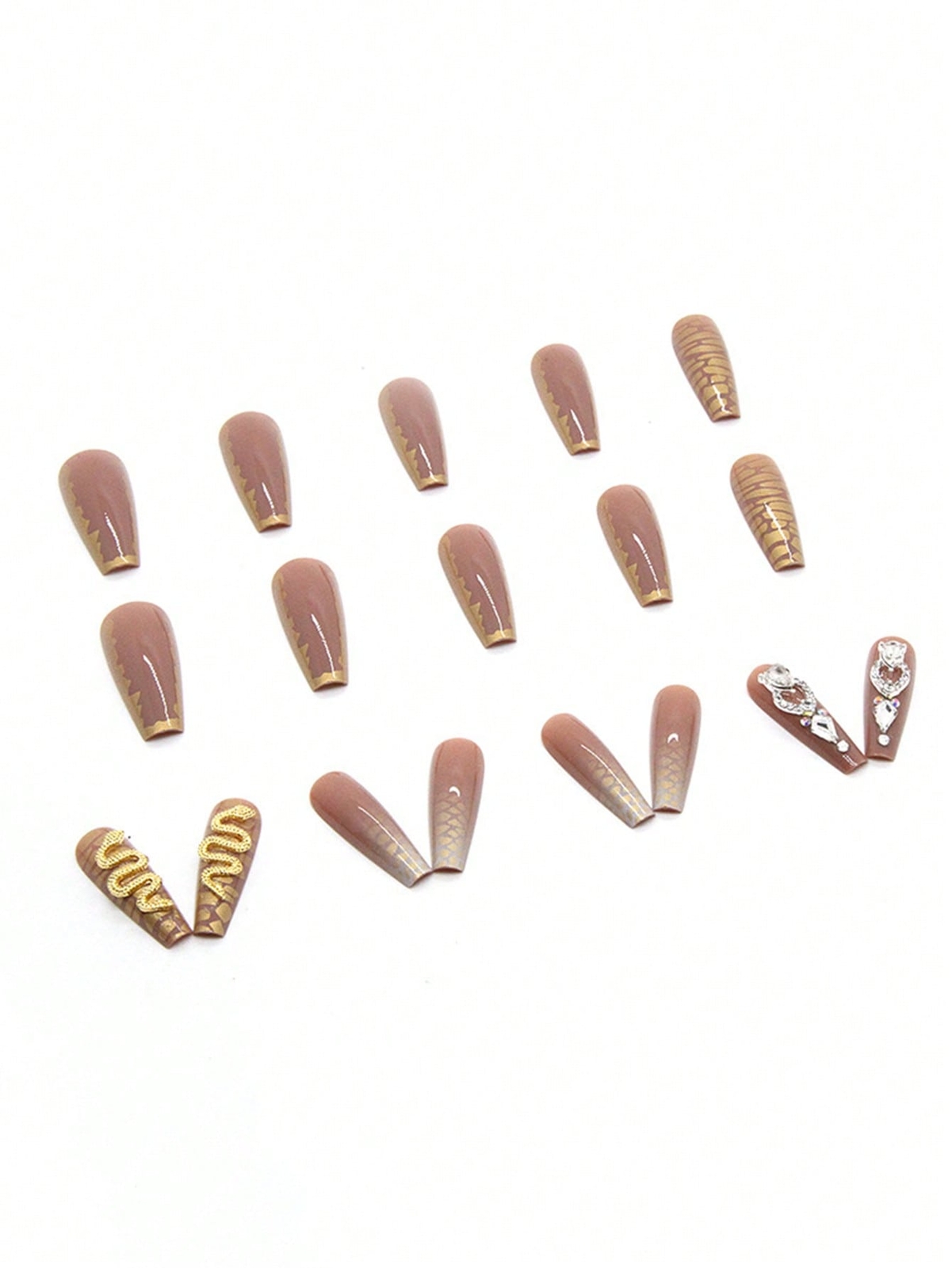 24pcs Long Coffin 3D Gold Glitter Rhinestone Snake Decor Fake Nail Press On