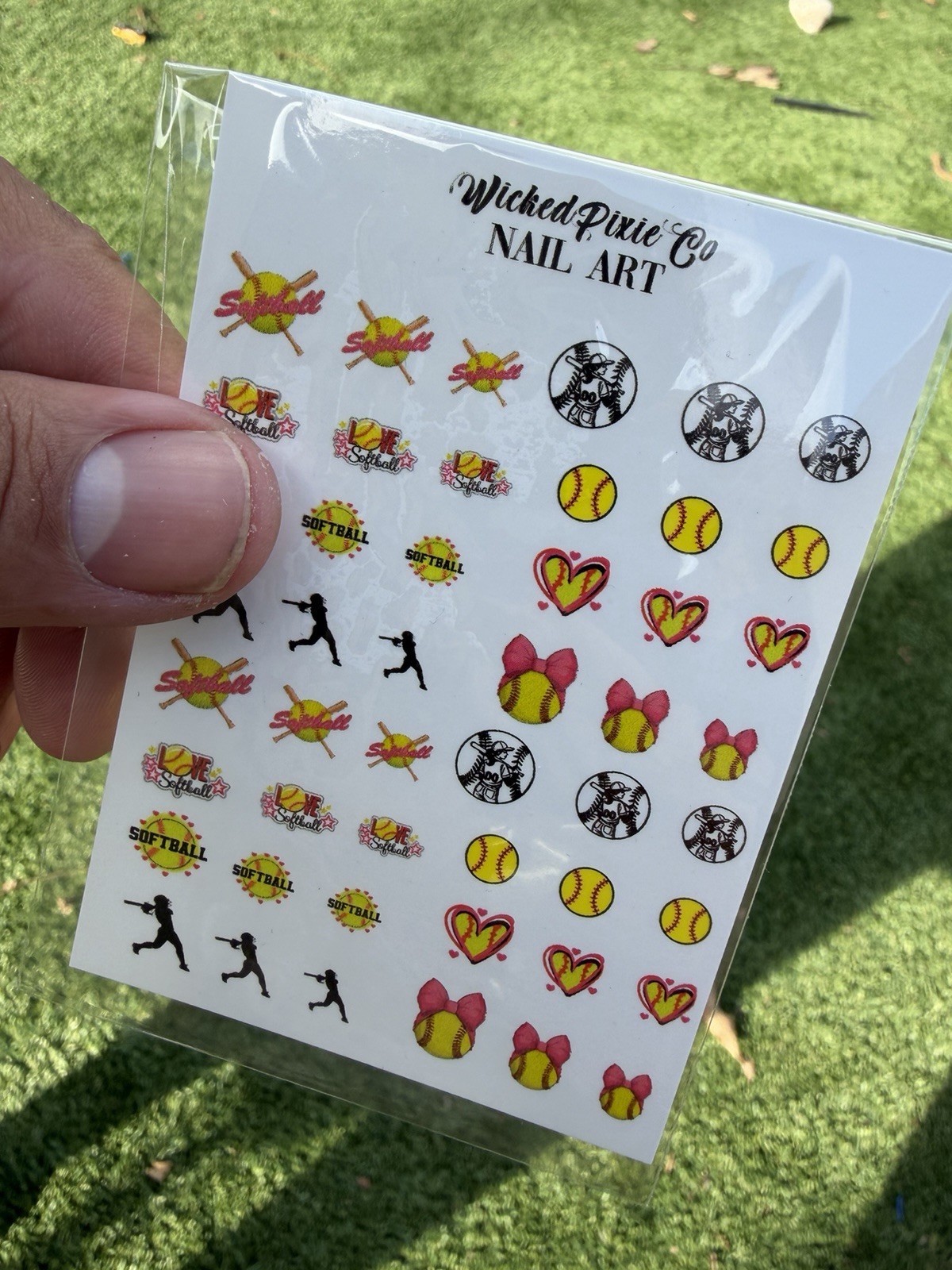 Nail Art Softball Heart Bow Nail Art Water decals Yellow Pink Black