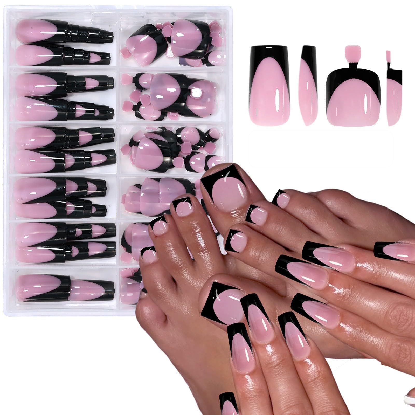 144 Pcs Black French Tip Press on Nails & Press on Toenails Set, Medium Squar…