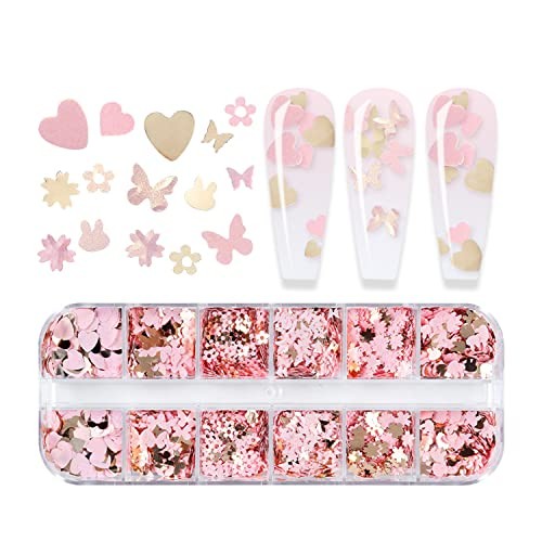 12 Grids Gold Pink Nail Glitter Sequins 3D Holographic Nail Glitter Flakes